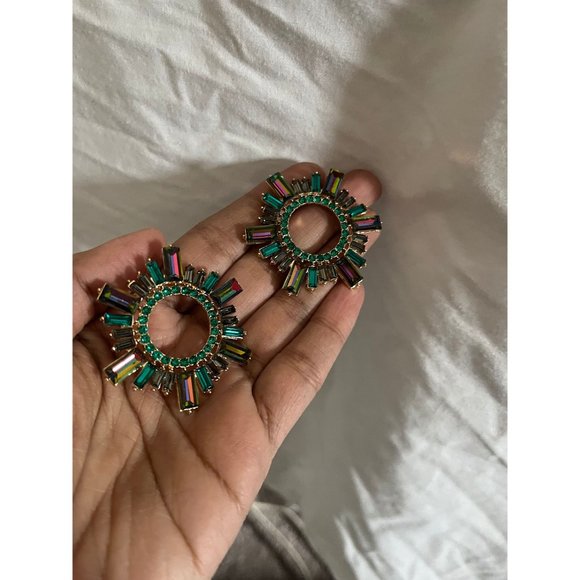 Large green earring stud Sunburst Rhinestone Round ab iridescent Vitrail big - Picture 6 of 7